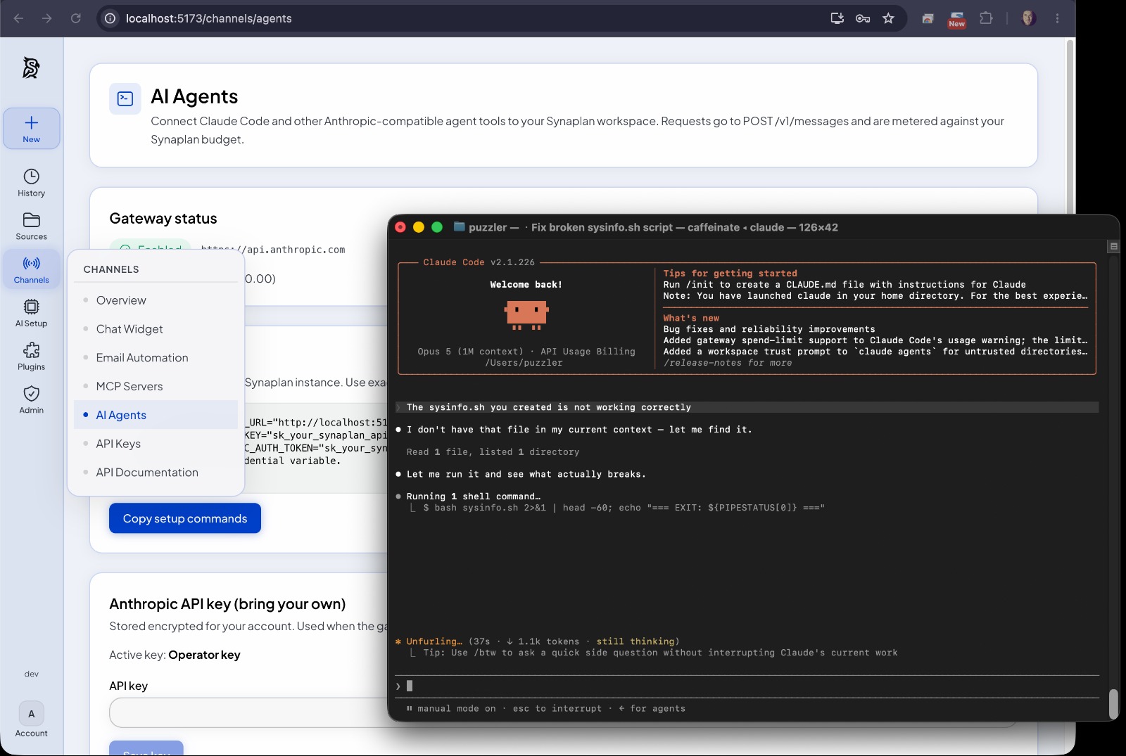 Claude Code running against a Synaplan instance, with the Channels → AI Agents configuration page behind it